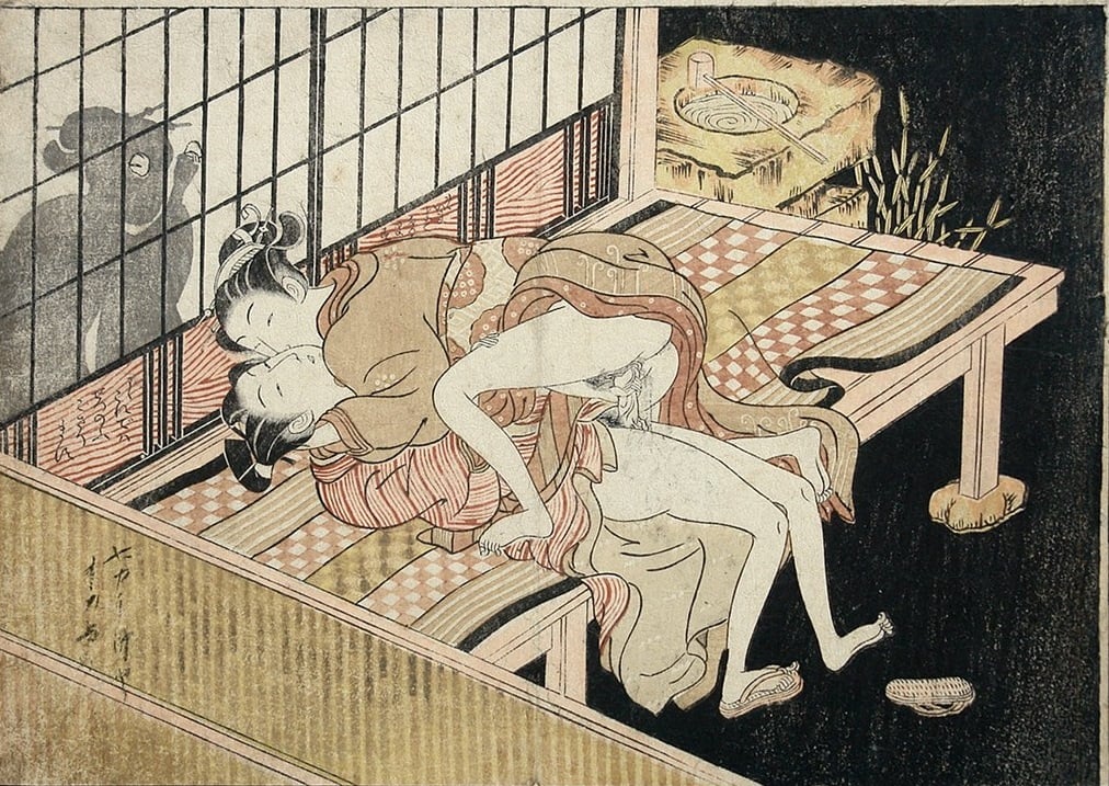 'Young Couple and female peeker' from the series: “Senrikyu‘. Date: c.1760s, 