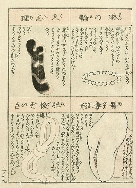 An erotic print depicting a kujiri (upper left), a rin no wa (upper right), a nigozuiki (below left) and below right an azumagata (an imitation vulva). From the series 'Makura Bunko (The Pillow Library), c.1822/23. By Keisai Eisen