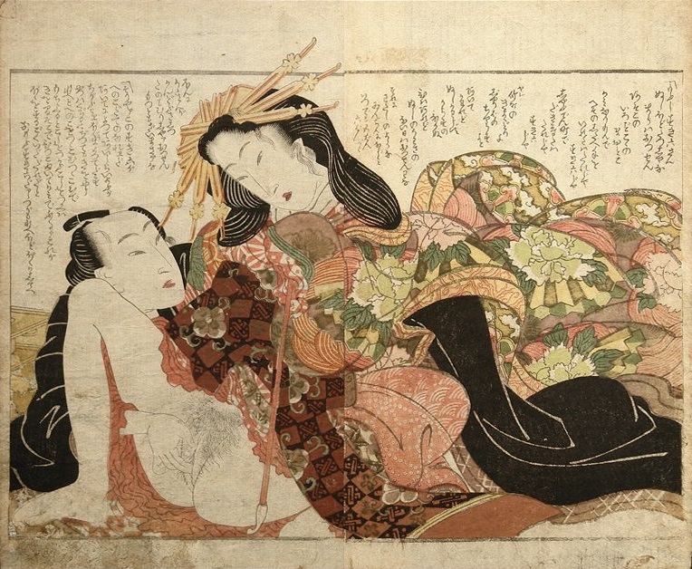 A shunga print displaying an oiran with a client performing foreplay