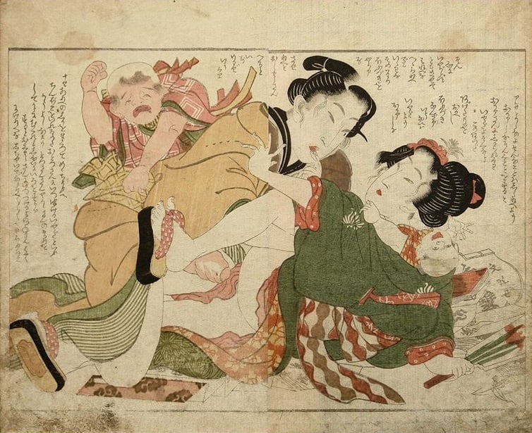 A shunga print of a couple trying to make love while their kids are crying and forcing them to stop