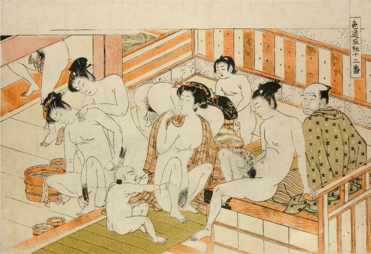 Isoda koryusai - Bathhouse scene displaying multiple aroused men and women