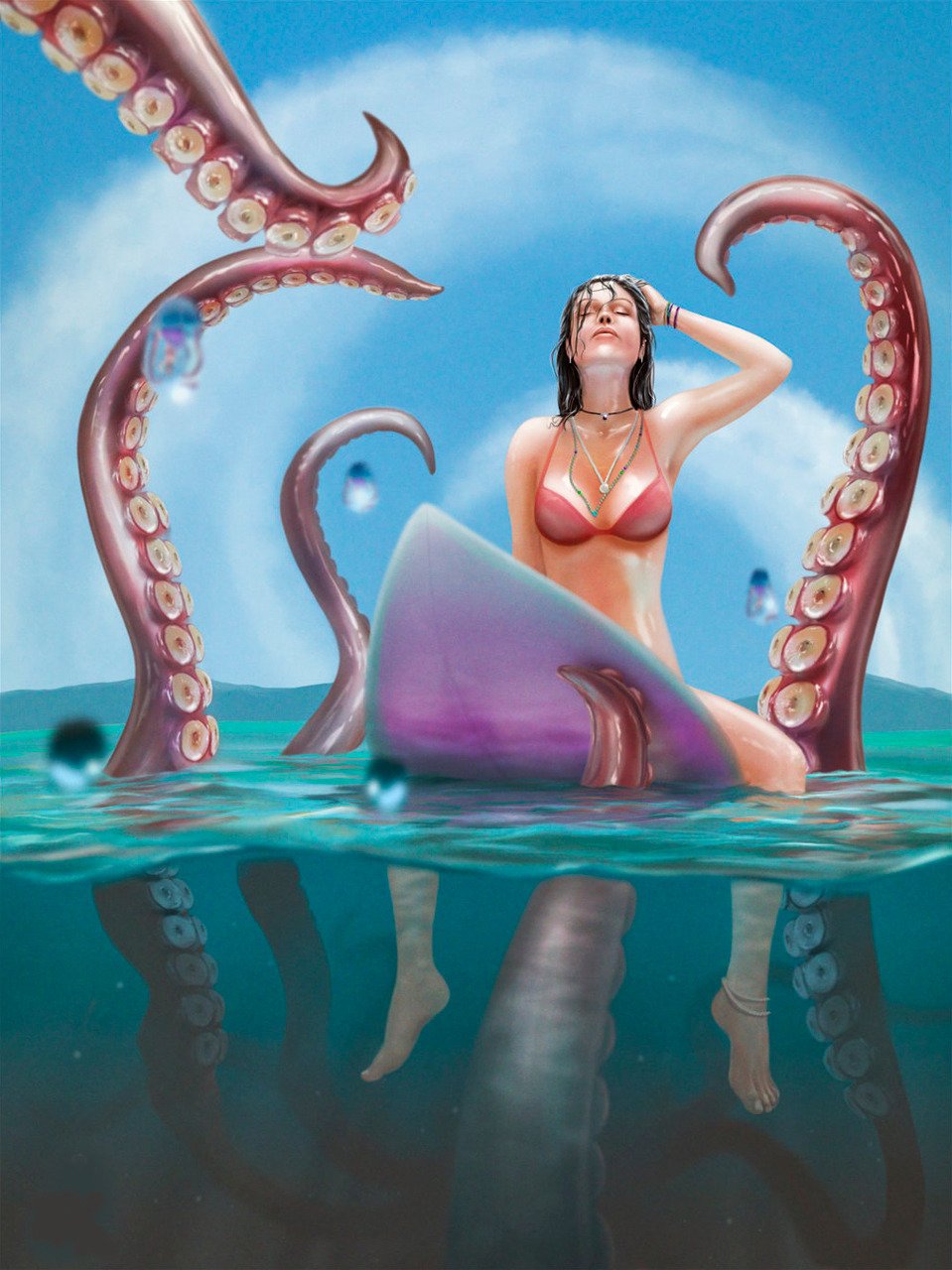 female surfer and giant octopus (Jaws) by Andy Fairhurst