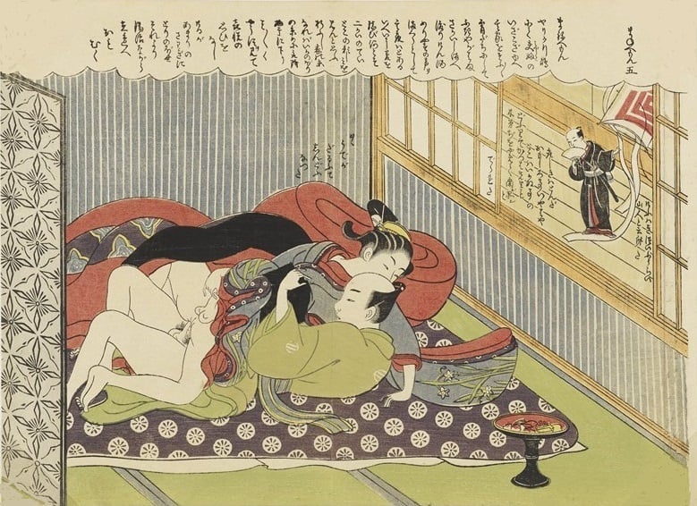 Homosexual couple having intercourse while being observed by Maneemon.