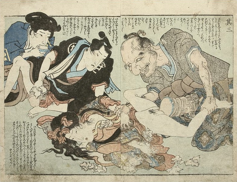 Priest Dokyo leading a gang rape by Kunisada