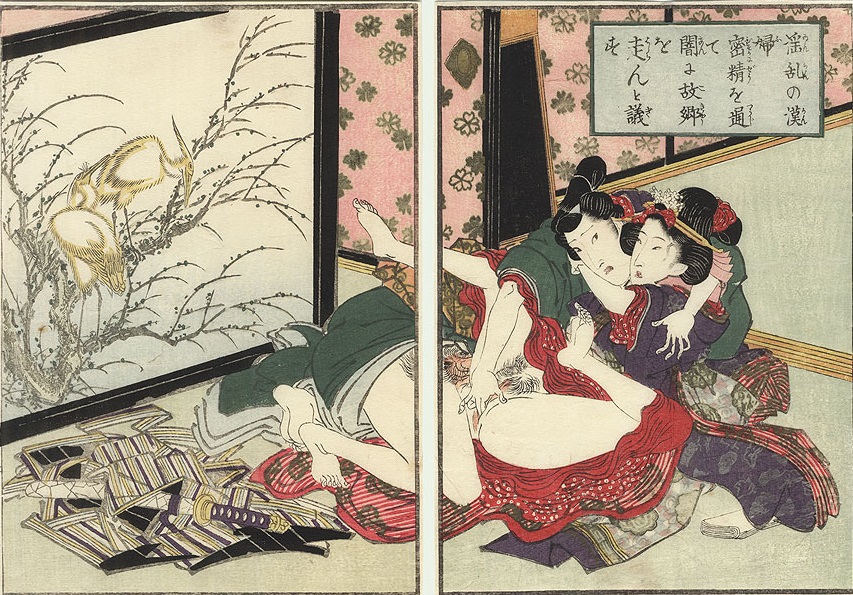 Young samurai and sensual lover with herons depicted on the screen in the background by Keisai Eisen