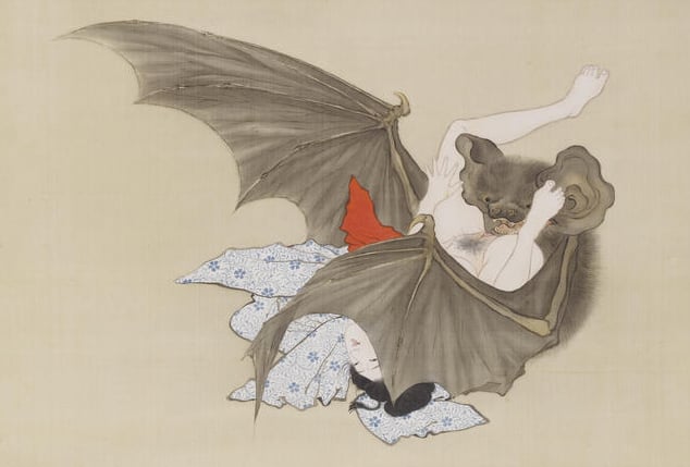 painting of a bat performing cunnilingus on a Japanese girl by eitaku kobayashi 