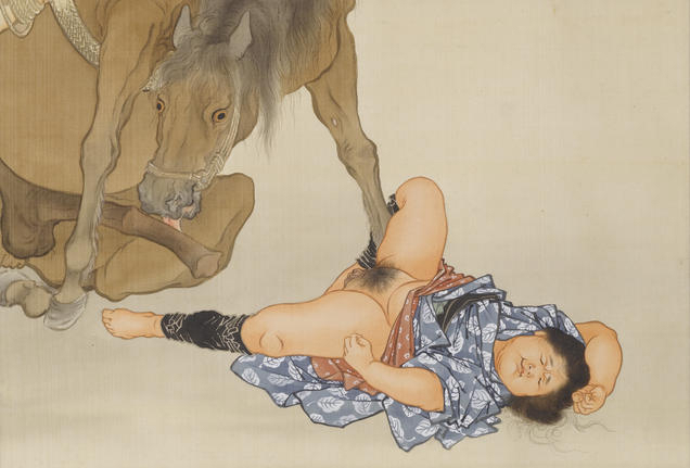 Horse licking his phallus preparing to penetrate a chuby woman by Eitaku kobayashi 