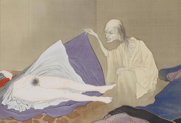 Ghost peeking underneath the dress of a sleeping girl by Kobayashi Eitaku