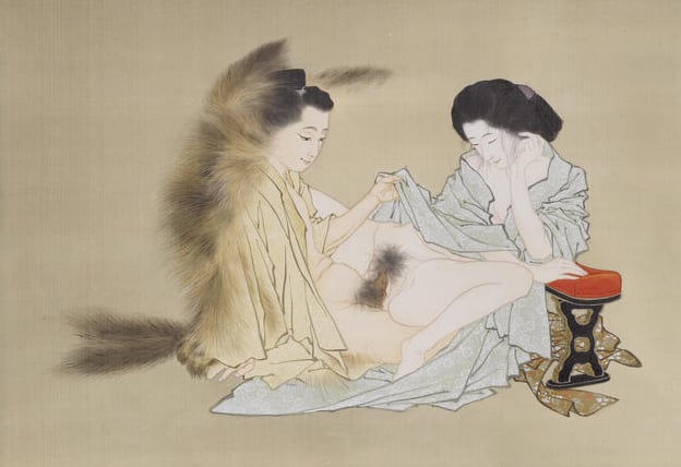 Young Male wearing fox fur making love to lover by kobayashi eitaku 