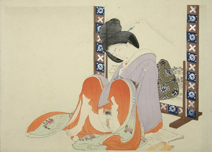 Young masturbating female sitting in front of a screen depicting Mount Fuji by Tomioka Eisen 