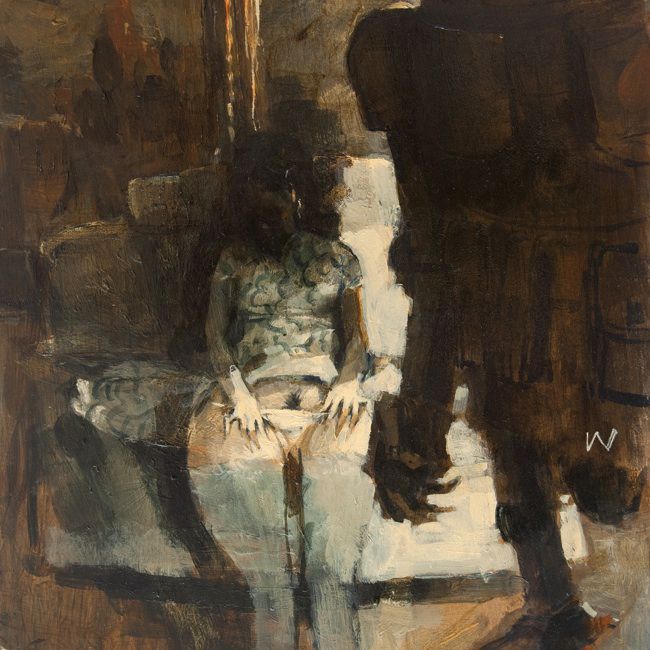 ashley wood: robot and stripping girl on a sofa