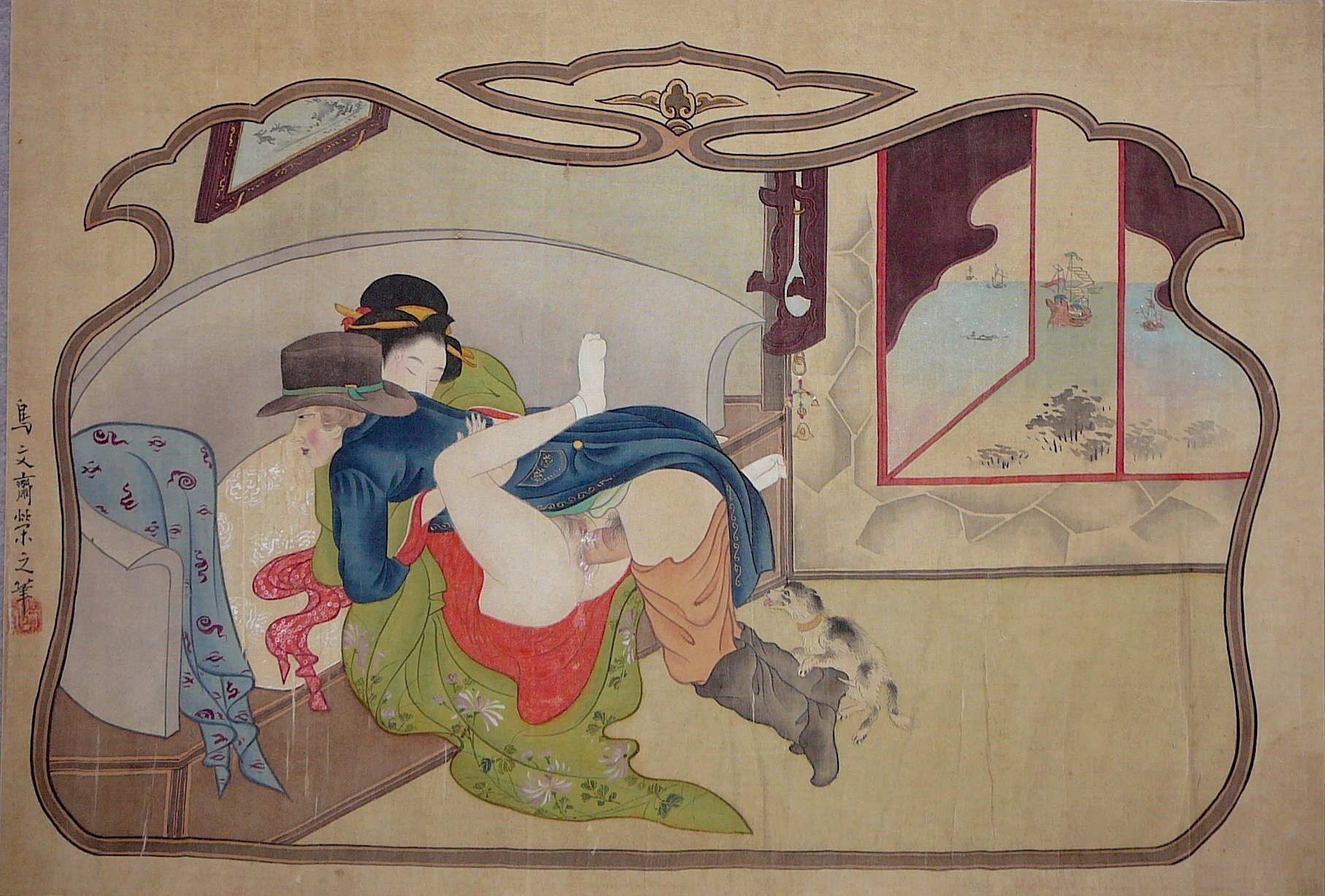 Painting depicting a Dutchman with and a Nagasaki geisha by Hosoda Eishi 
