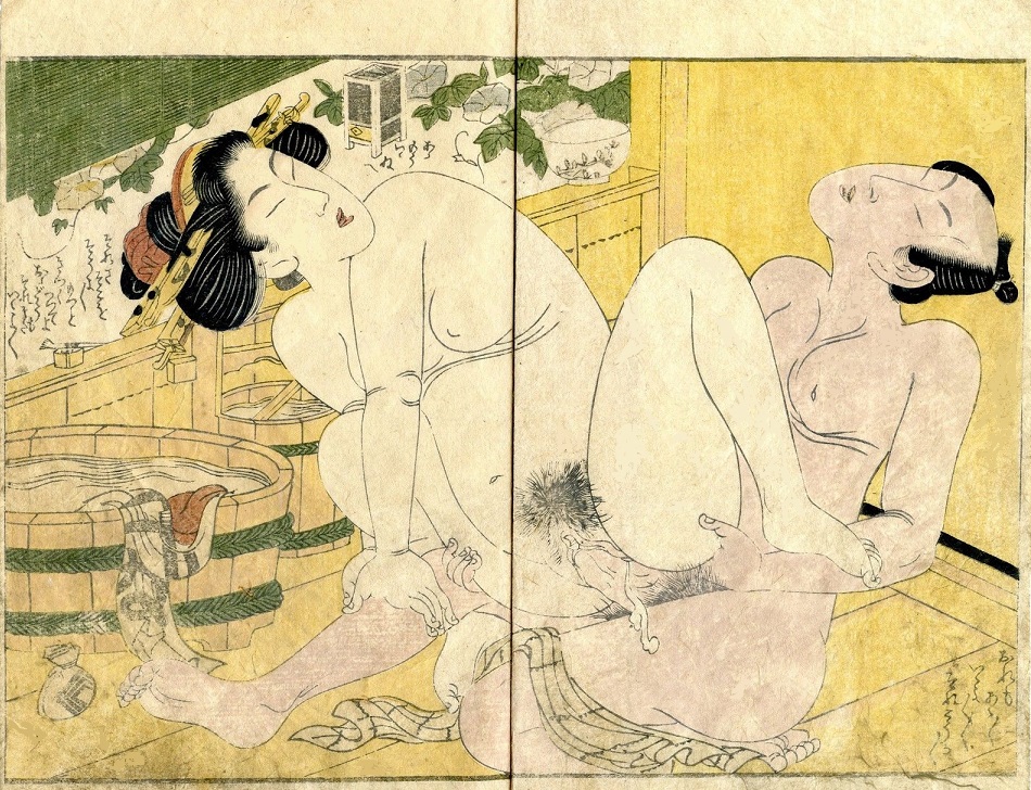 Orgasmic couple in the bathhouse.