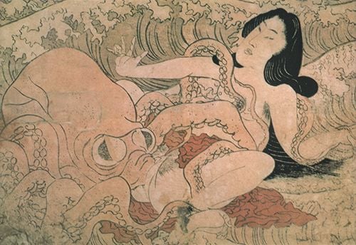 Intimate octopus and ama diver in the surf by Hokusai pupil