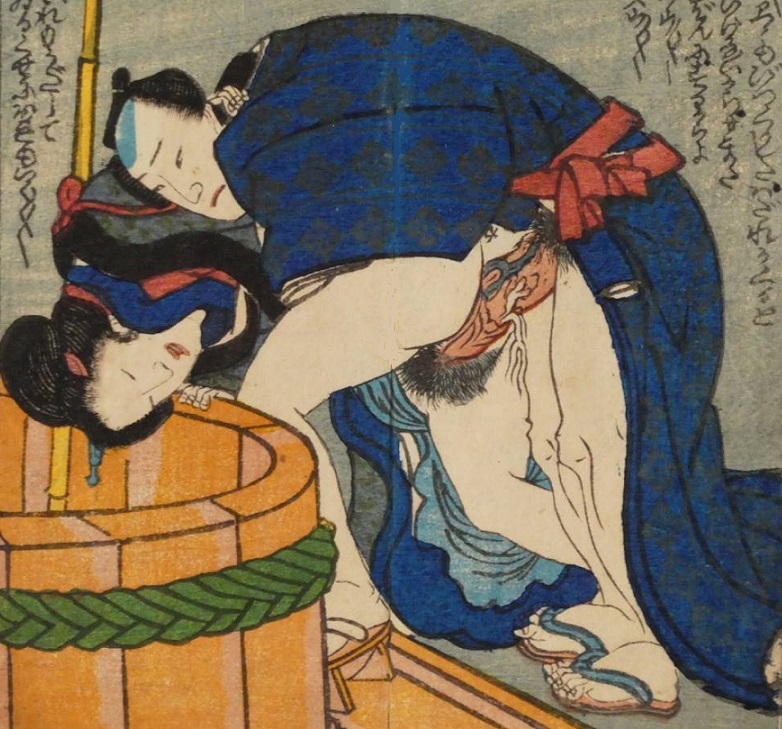 A woman is taken from behind against a bathtub.