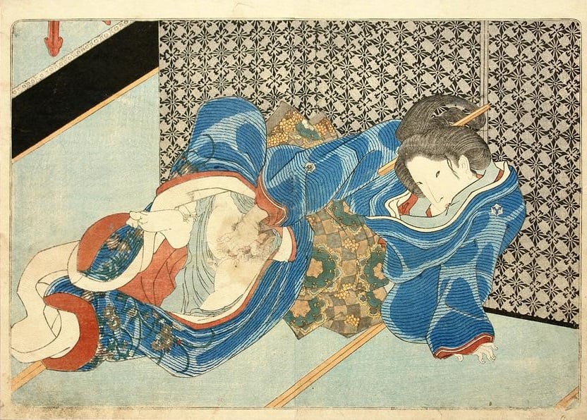 female caressing her private parts lying behind a folding screen by Kunisada