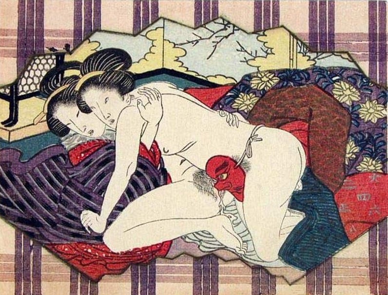 Lesbian sex with a Tengu mask