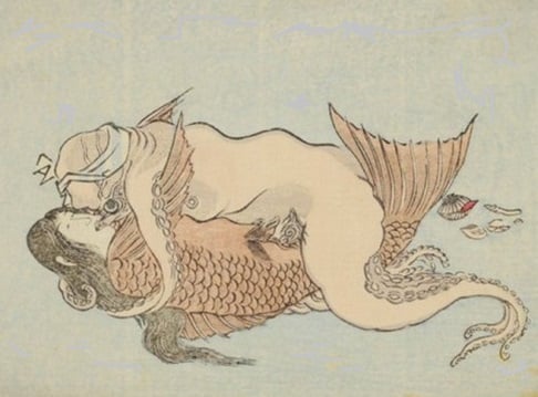 Japanese erotic print octopus making love to mermaid