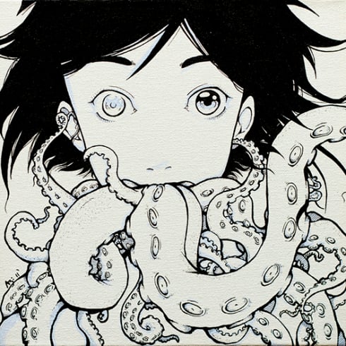 Manga illustration by andi soto of a girl with tentacles coming from her mouth