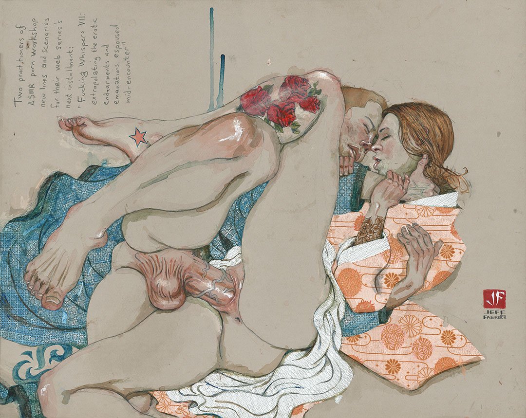 shunga painting with an ecstatic couple with striking leg tattoos during a ASMR porn workshop by Jeff Faerber