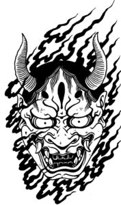 Black and white picture of an Oni mask