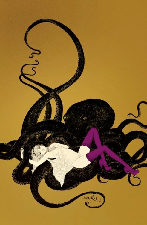 pin up girl lying on a giant black octopus by Somefield