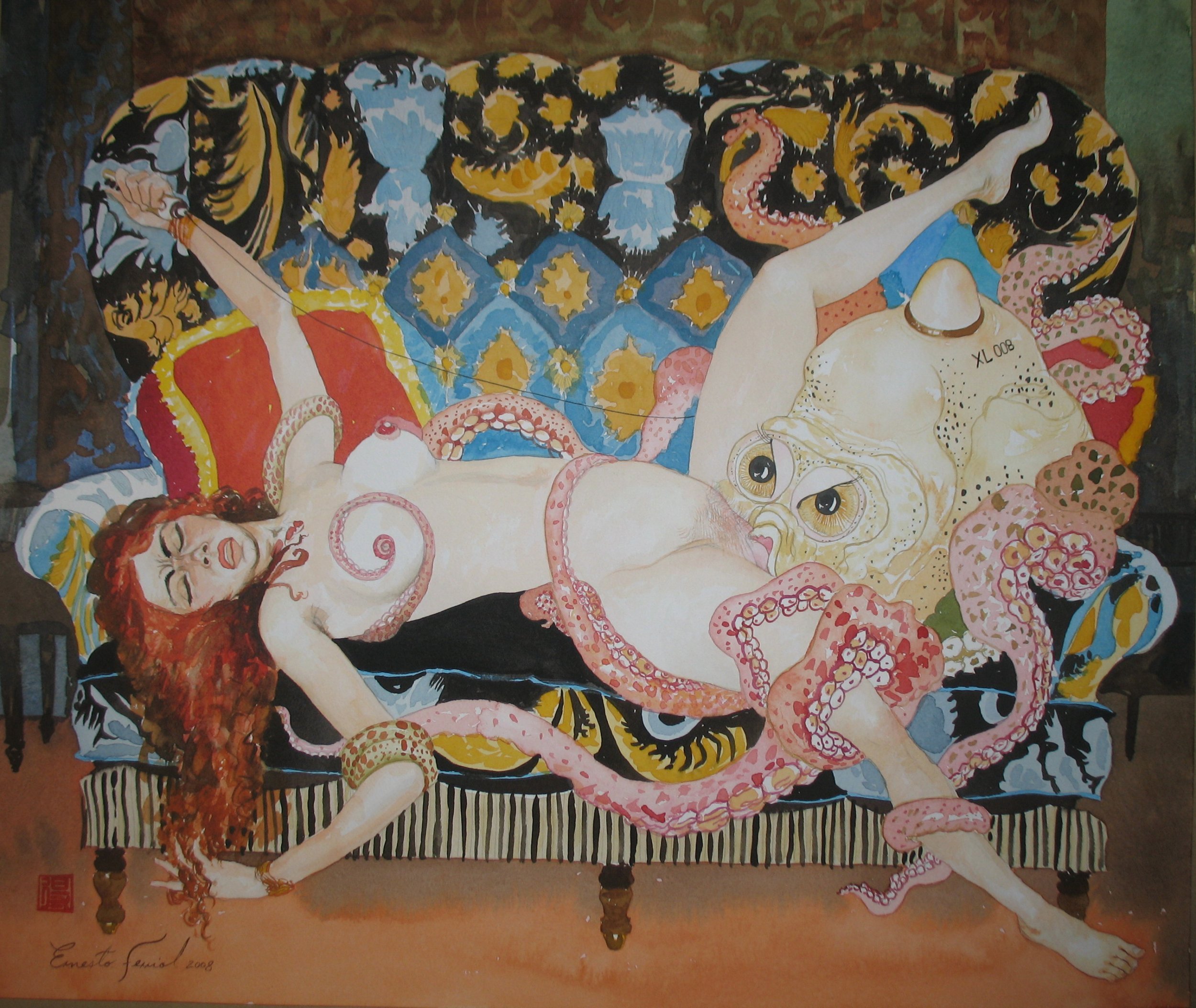 angry octopus with nude female on sofa by Ernesto Jorge Ferriol Perez