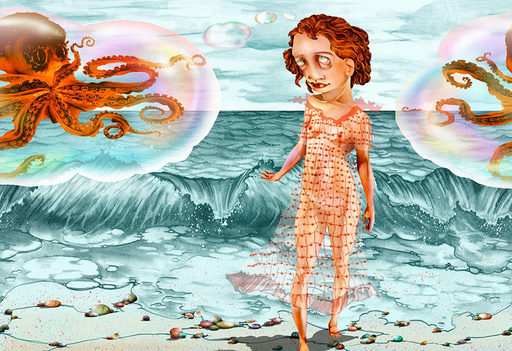 octopuses in bubbles with female in a fishnet dress at sea by Judith Schaechter