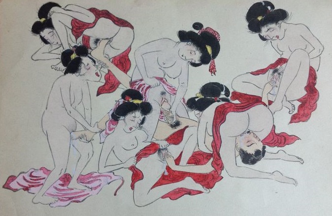 Taisho era painting depicting one male with six women