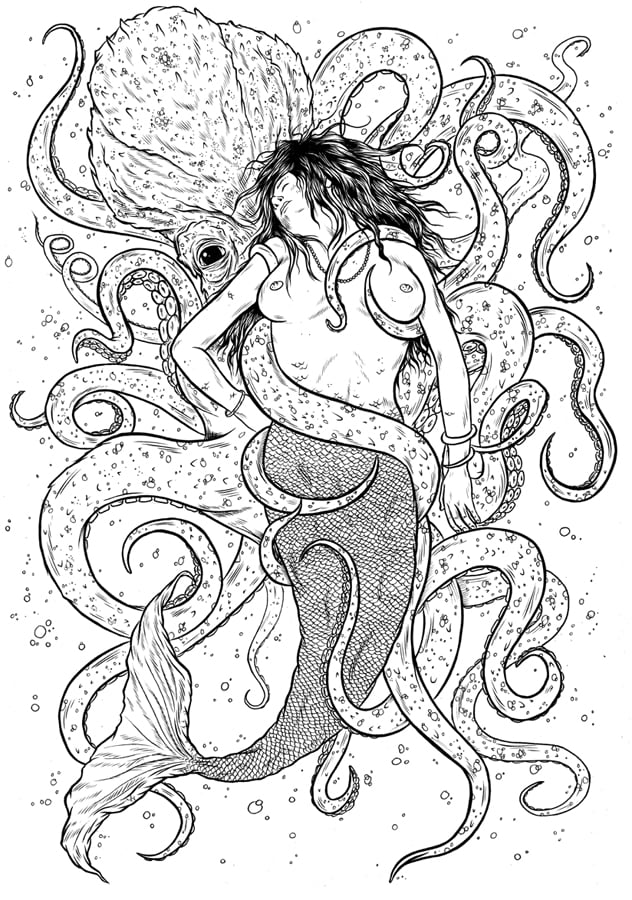 senusal mermaid with giant octopus by Michael Cottage