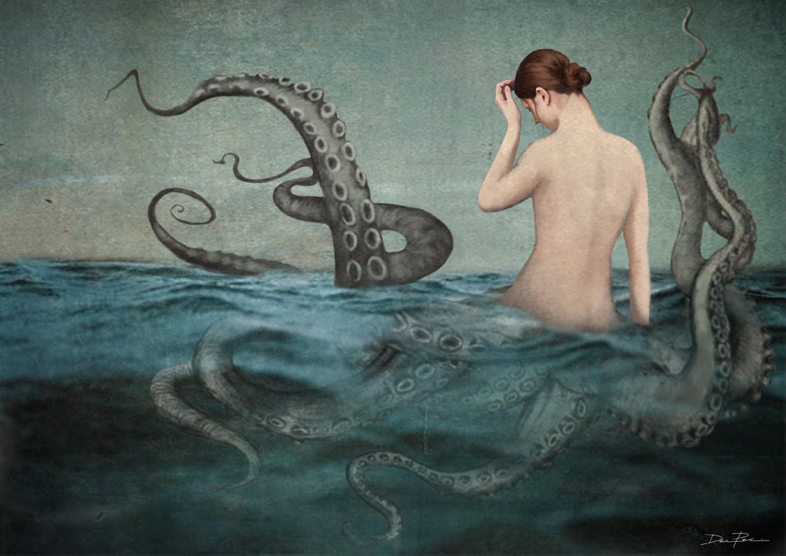 Surrealistic painting with nude female in the water with octopus tentacles by Daria Petrilli