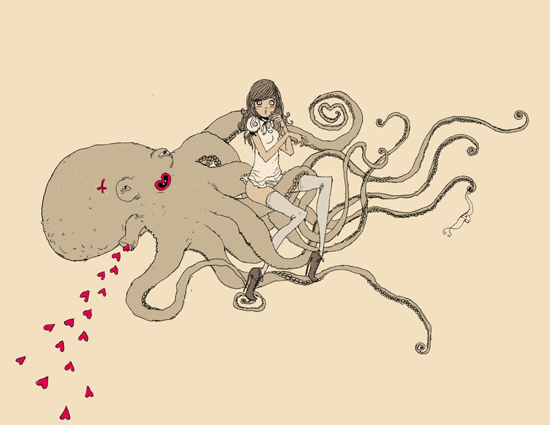 octopus with hearts and young girl by Somefield