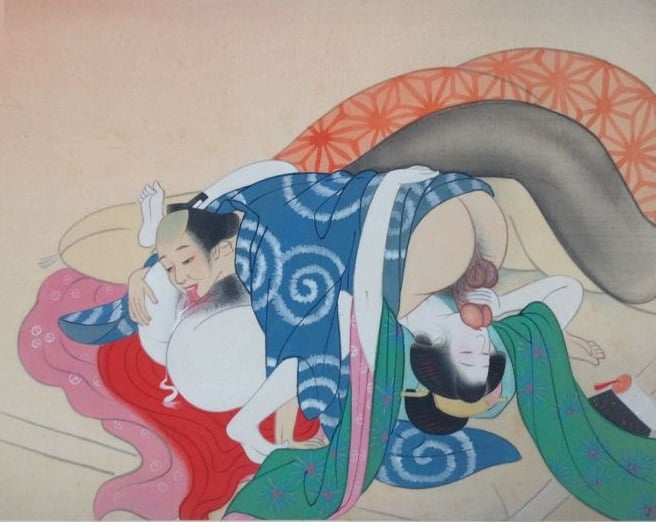 Meiji/Taisho era painting of an intimate couple in the 69 pose