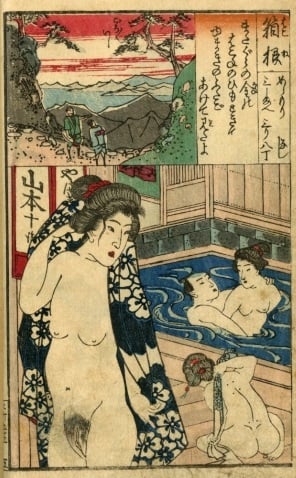 Two women who have finished bathing behold a couple making out in a bath.