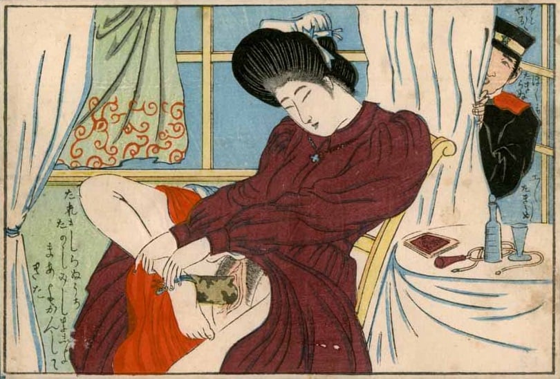 A housewife is penetrating herself with a tortoise-shell harigata (dildo) attached to her heel while being spied upon by a soldier standing behind a curtain