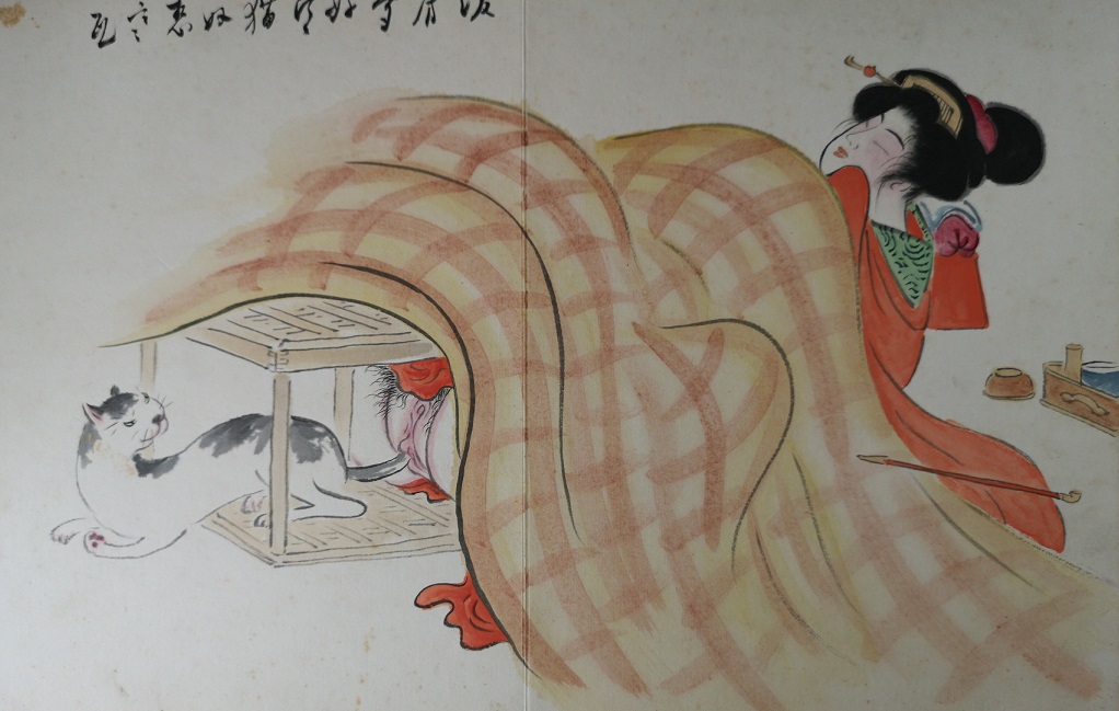 lusty animals: An aroused girl underneath a kotatsu heater is entertained by a cat using its tail