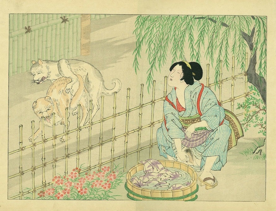'A squatting lady in the garden - pleasuring herself - laundry - two dogs on the street - perform doggy-style.'