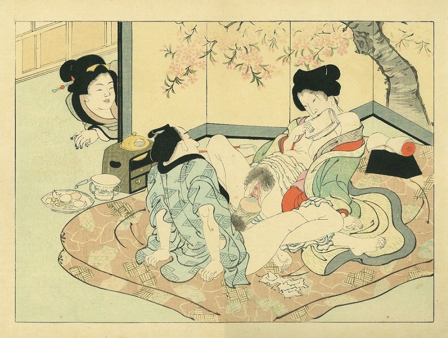 shunga album: 'A servant - sensual geisha and a client. - plate with eggs'