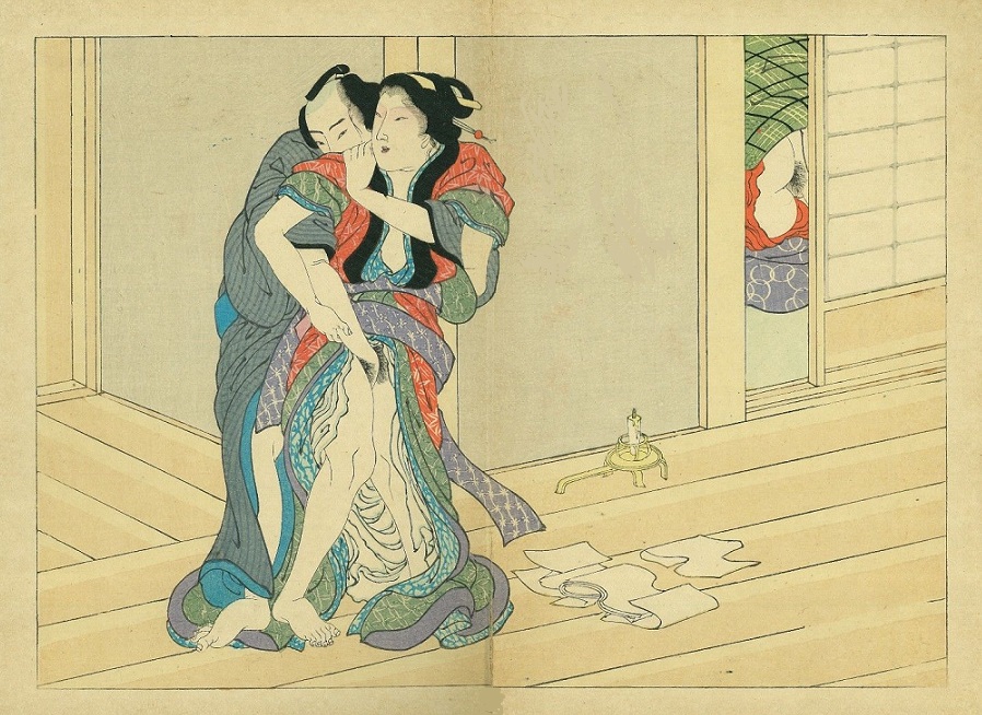 In the hallway of a brothel an impatient client grabs between the legs of an amused geisha. The candlestick has been blown out and she placed it already on the ground. The door of one of the 