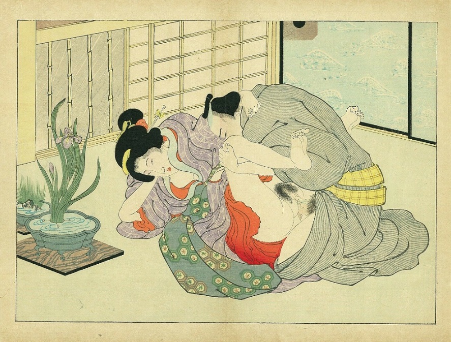 A female, leaning her head on her arm,  is making love to her spouse. Next to them stands a bowl with Japanese irises