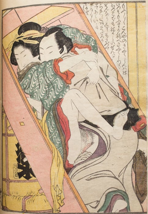 sensual couple having sex on the staircase by hokusai