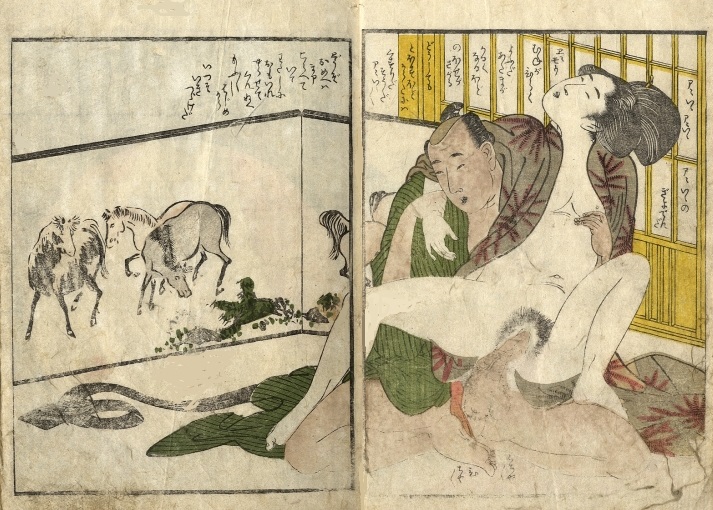 Couple in front of a screen depicting horses' (c.1800) by Kitagawa Utamaro