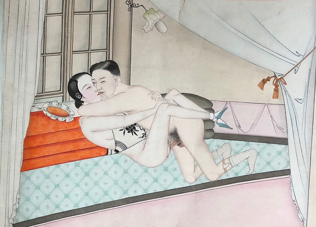 chinese erotic painting with Intimate couple in a tight embrace while passionately kissing. The woman wears a traditional Chinese stomacher while the man still sports his Western sock garters that were popular at the time.