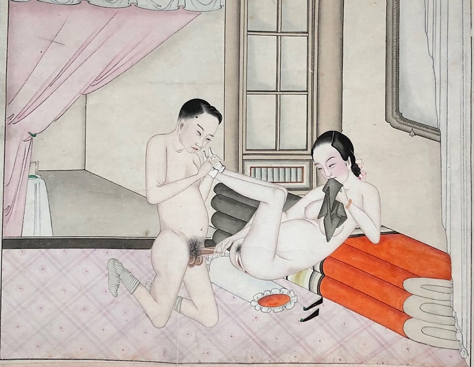 chinese erotic painting A young Chinese girl directs her partner's penis to her private area while bringing a black handkerchief to her mouth in slight embarrassment. She is sitting on a pillow while leaning backwards to four rolled up blankets. Her male partner has kept his English woolen socks on