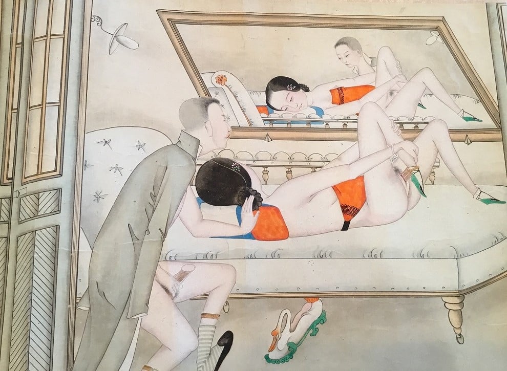 chinese erotic painting with a Young Chinese couple watching each other in the mirror