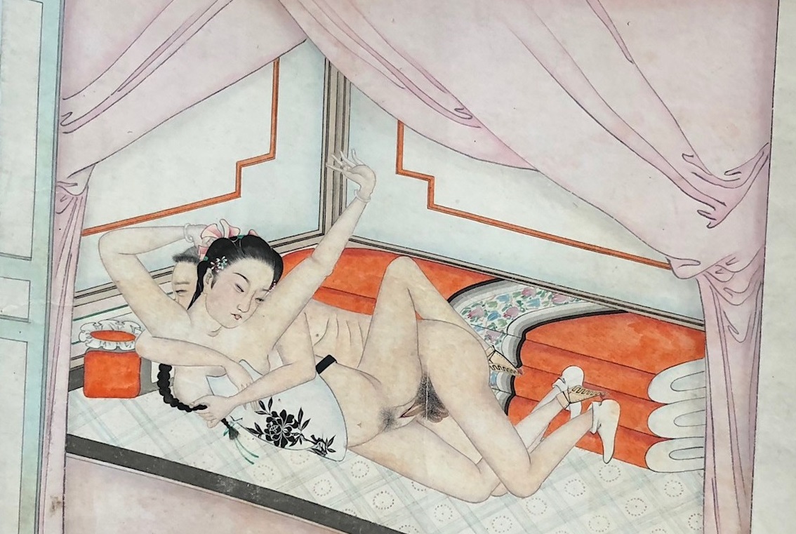 chinese erotic painting with Pregnant woman penetrated sideways by her lover.