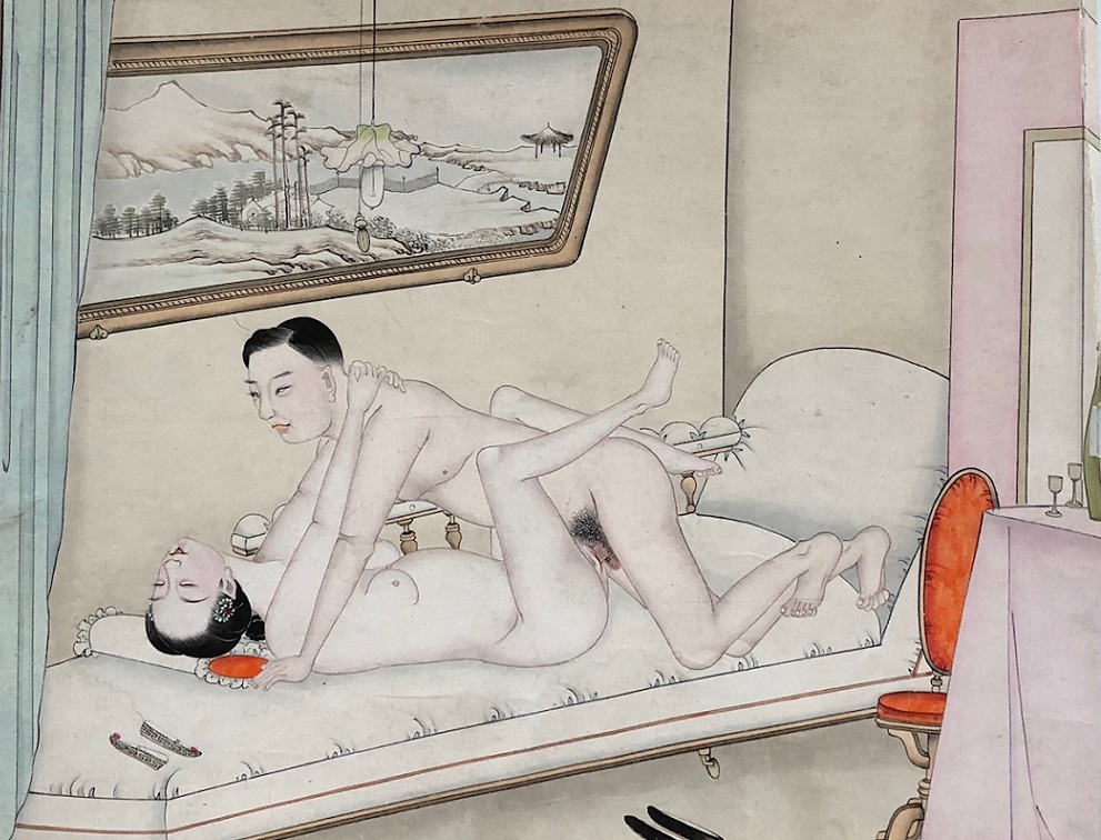 chinese erotic painting with Completely naked mature couple in the missionary pose. Above them a large painting depicting a snowy mountain village.