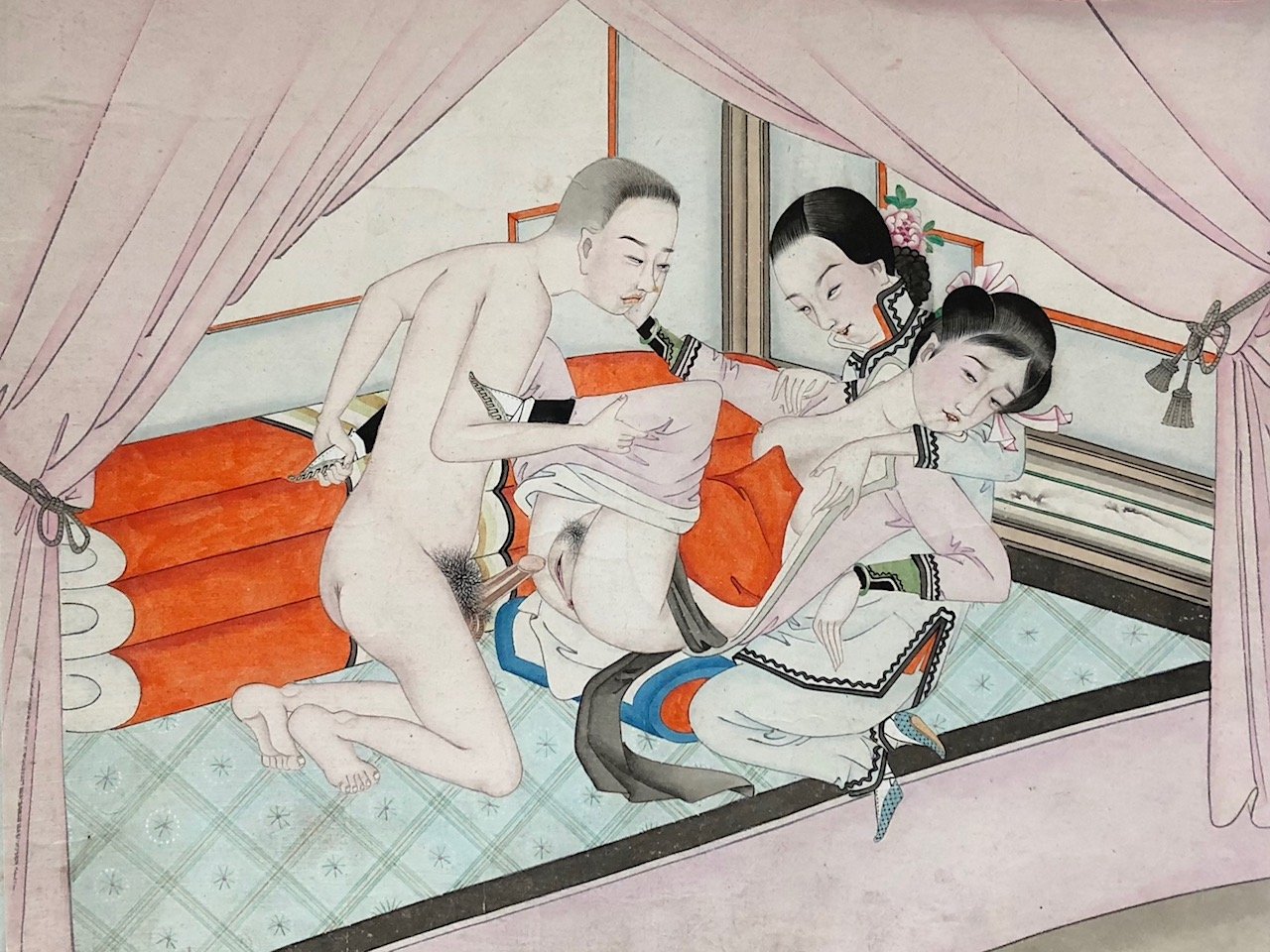 chinese erotic painting with A threesome with one male and two females. 