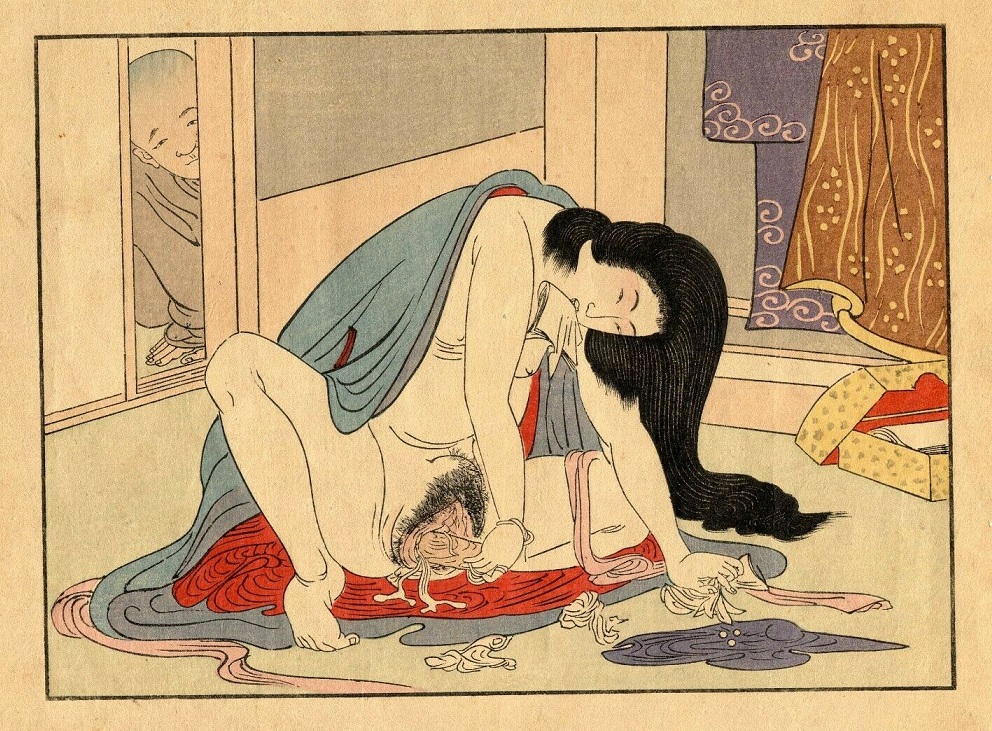 Female experimenting with sex toys while being observed by a young monk in the doorpost