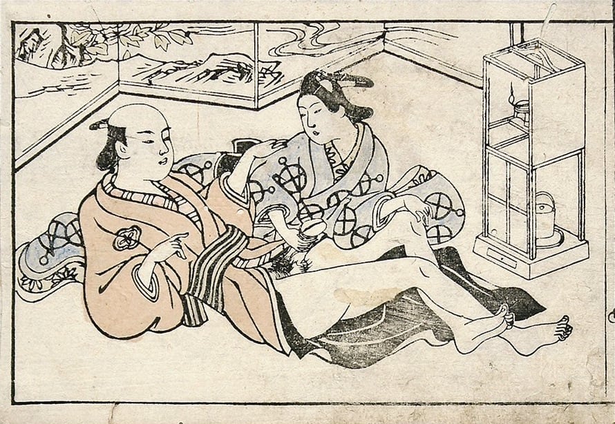 Ishikawa Toyonobu: A young boy is stroking the penis of his mature male lover. An incense burns in the cupboard next to them.
